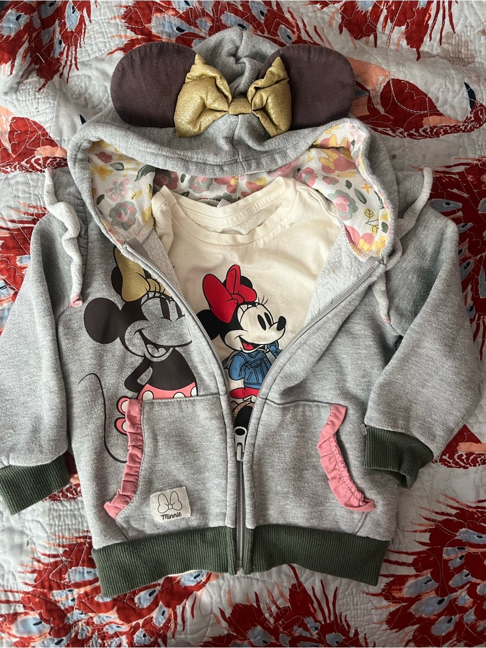 Kids Minnie Mouse Gray Zip Hoodie with Gold Bow Hood and T shirt!